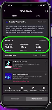 TikTok showing analytics studio