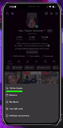 TikTok showing profile menu