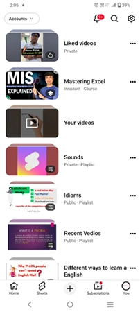 YouTube shows different video sections