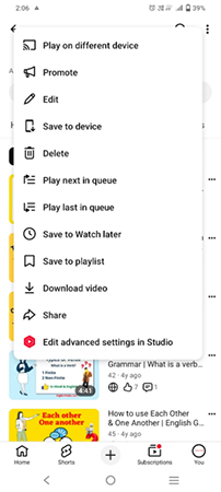 YouTube shows video menus.