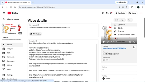 YouTube shows videos menu options.