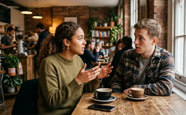 a girl and a boy doing some serious discussion