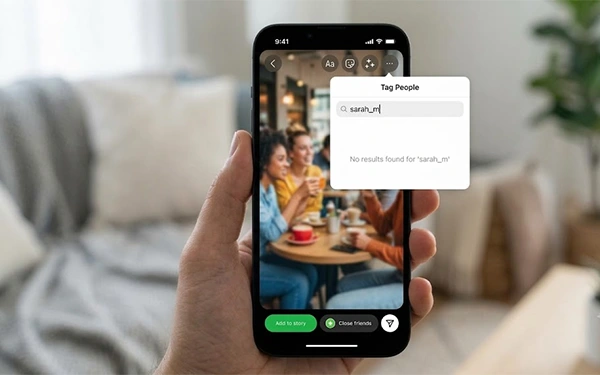 a phone popping up No results found when trying to tag people on an Insta story