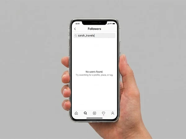 a phone showing a followers list with no user found in the list