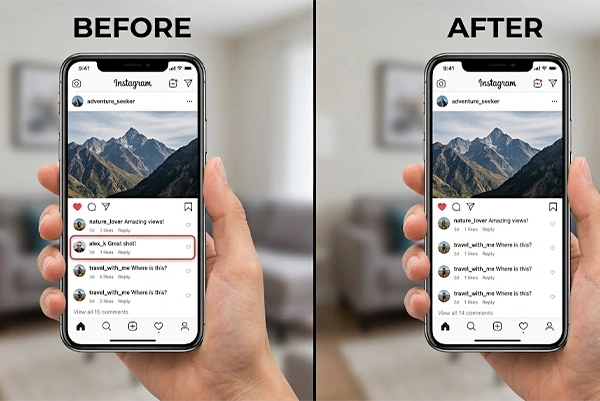 before and after scenario with a phone in which a comment from an account is missing in the after scenario
