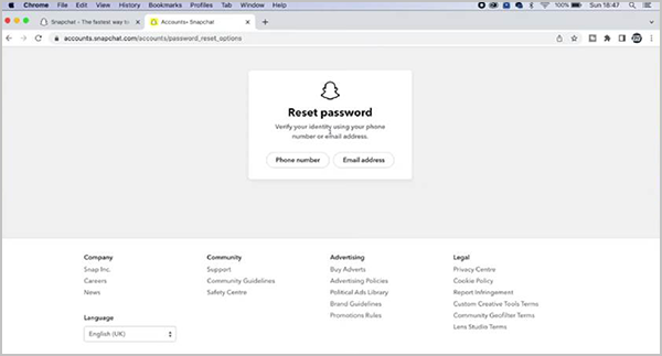 Image showing two options to reset Snapchat password
