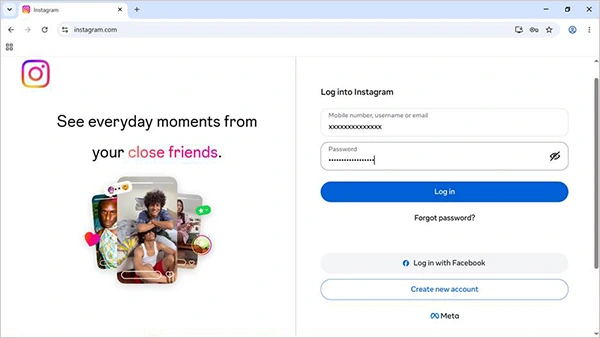 Instagram log in interface.
