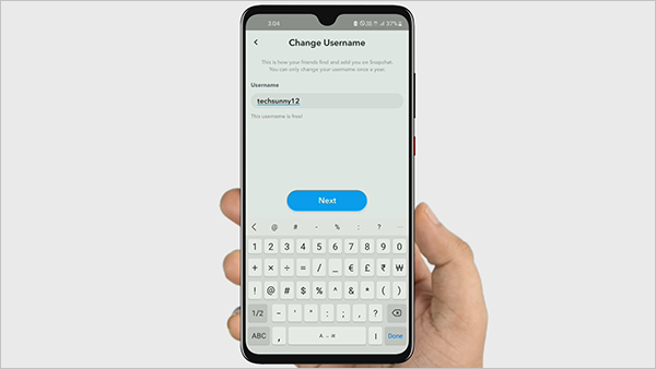 Snapchat showing a new username change window