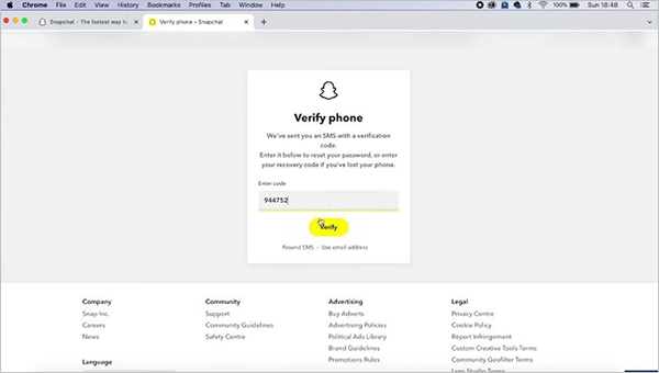 Snapchat showing a verify security code window