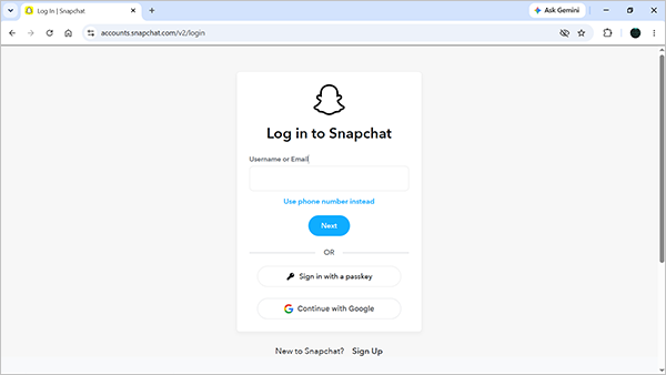Snapchat showing login window