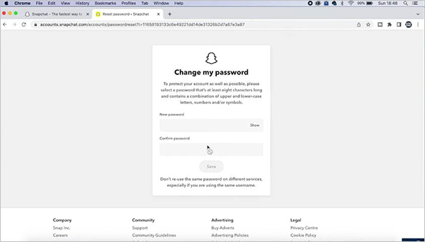Snapchat showing password change window on browser