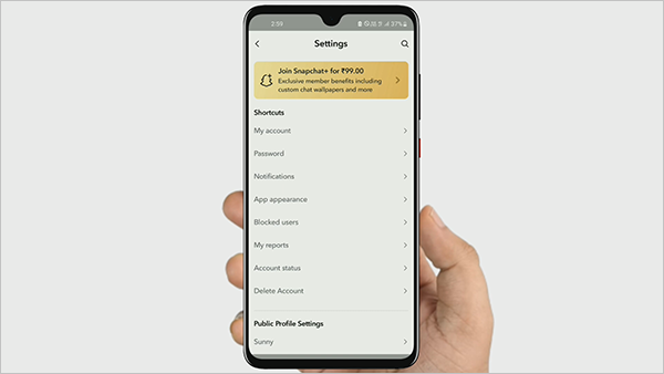 Snapchat showing settings menu