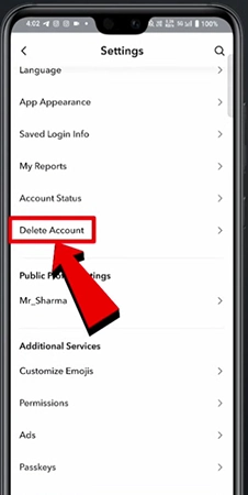 Snapchat shows delete account option