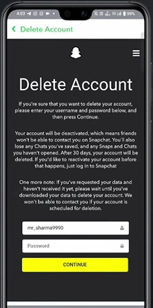 Snapchat shows its official log in portal for deletion.